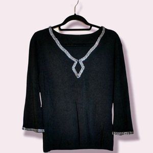 Dressy Black Top with Rhinestone V-Neck, Bell Sleeves